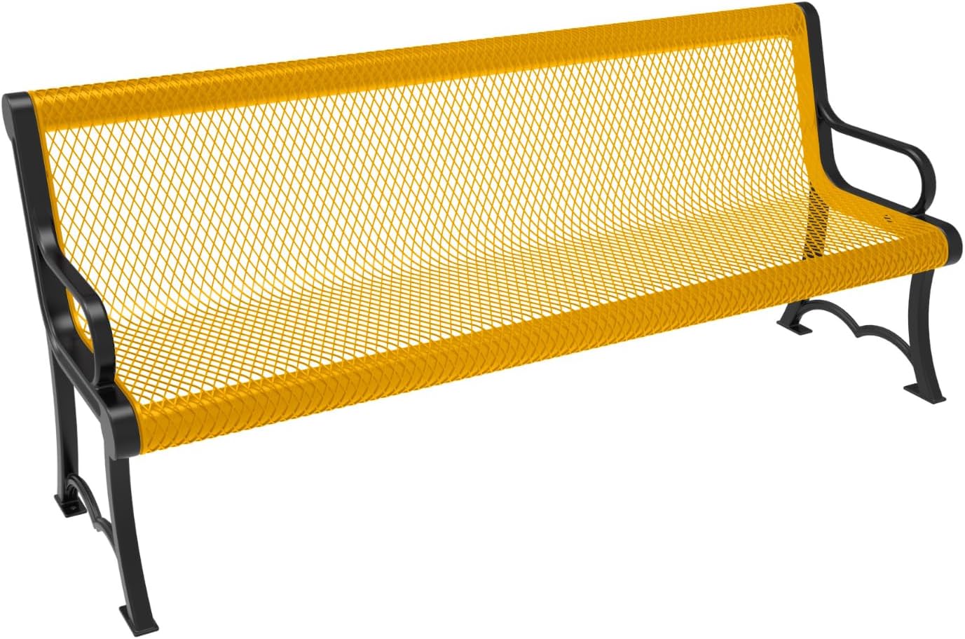 Heavy-Duty Outdoor Bench Thermoplastic Coated, Expanded Metal, Commercial-Grade Garden Bench, Made in America (Portable with Back, 6 Ft, Textured Yellow)
