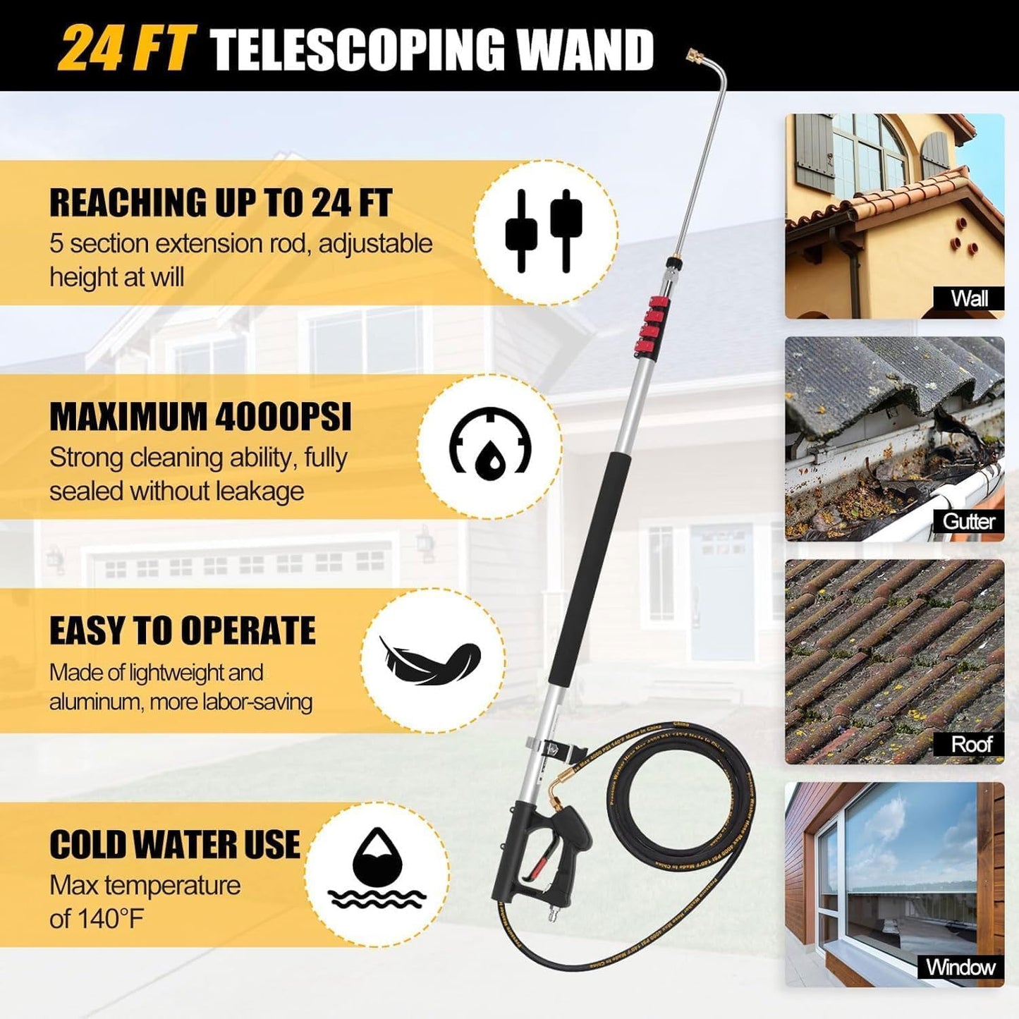 24FT Telescoping Power Washer Extension Wand, Gutter Cleaning Tools with Brush Head, 4 Adapters, 7 Spray Nozzles, Upgraded Support Belt, Pressure Washer Wand Extension for Wall Roof Gutter