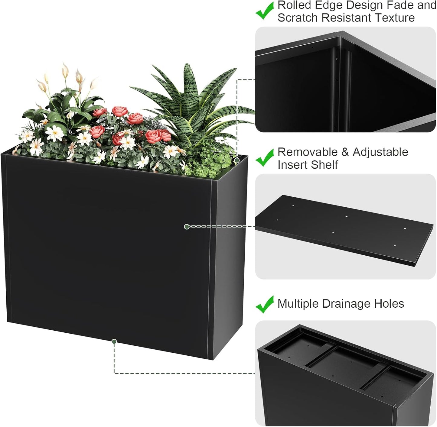 Tall Metal Planter Box for Outdoor Plants 36"L x 12"W x 26"H, Heavy Duty Steel Large Rectangular Planter Box with Removable Insert Shelf, Modern Décor for Tall Plants, Trees, Flowers (Black)