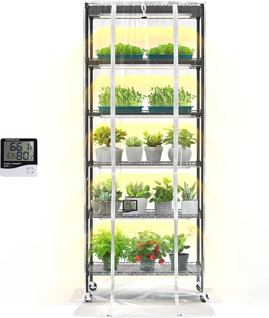 Plant Shelf with Grow Light, Grow Light Shelf with Cover and Thermometer, 6 Tier Plant Stand with Grow Light , Greenhouse with 150W Led Grow Light For Seed Starting , Tray (29.5"L×13.8"W×70"H)