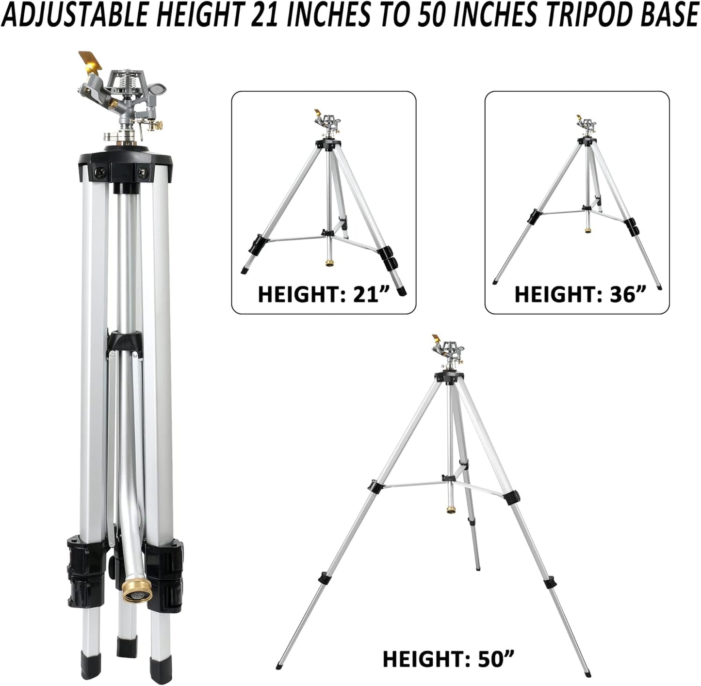 STYDDI Heavy Duty Impact Sprinkler on Tripod Base, Extra Tall Metal Pulsating Telescoping Tripod Sprinkler for Large Area, Yard, Lawn, Garden, Waters up to 90 Ft. Diameter, Legs Extends Up to 50-inch