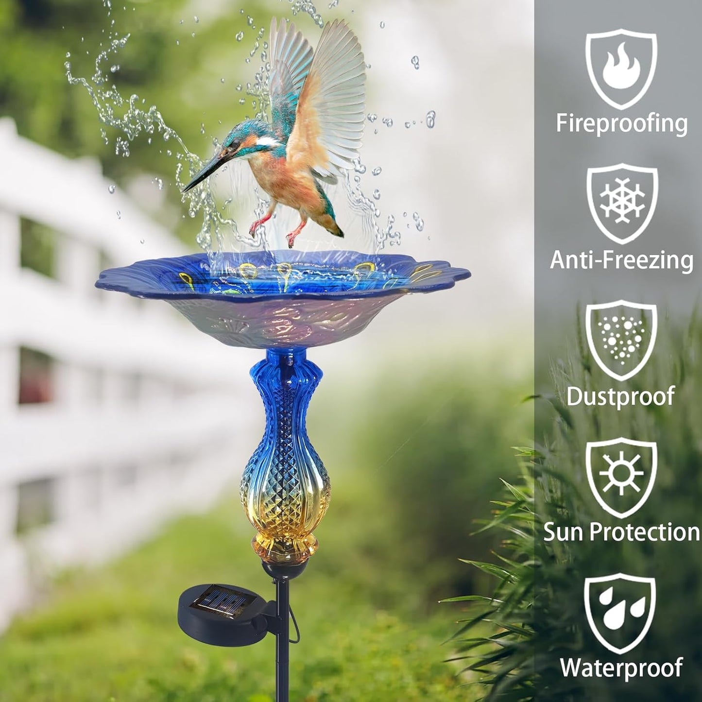 John's Studio Peacock Bird Bath for Outdoor - Glass Bowl Solar Light Bird Baths Cage Outside Dish Bird Feeder with Metal Stake for Garden, Yard and Patio - Blue 32 inches