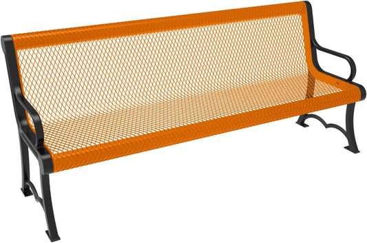 Heavy-Duty Outdoor Bench Thermoplastic Coated, Expanded Metal, Commercial-Grade Garden Bench, Made in America (Portable with Back, 6 Ft, Textured Orange)