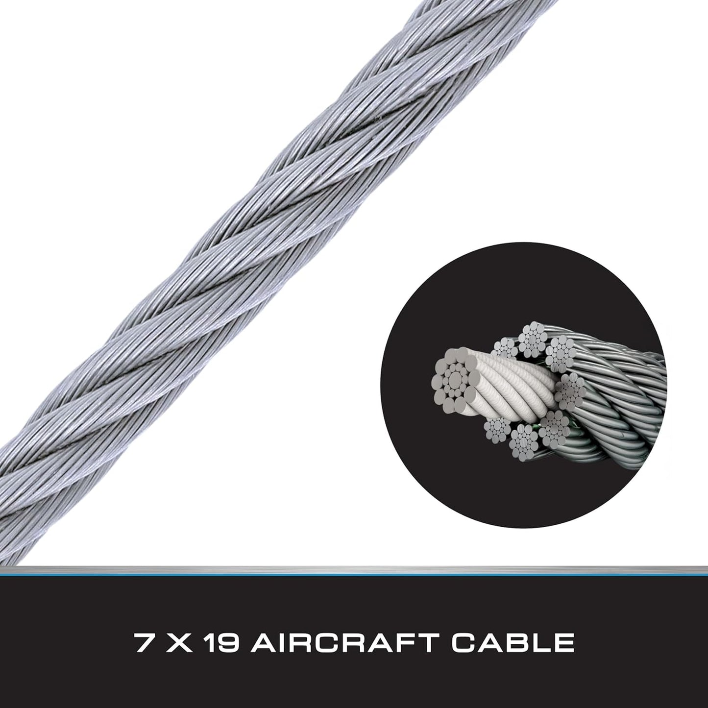 Tie Down 7x19 Aircraft Cable - Steel Cable with Loops - 2,500lbs Breaking Strength - Deck/Zip Line/Tow/Hanging Wire - 5/32" x 46 ft with Loop & Shackle