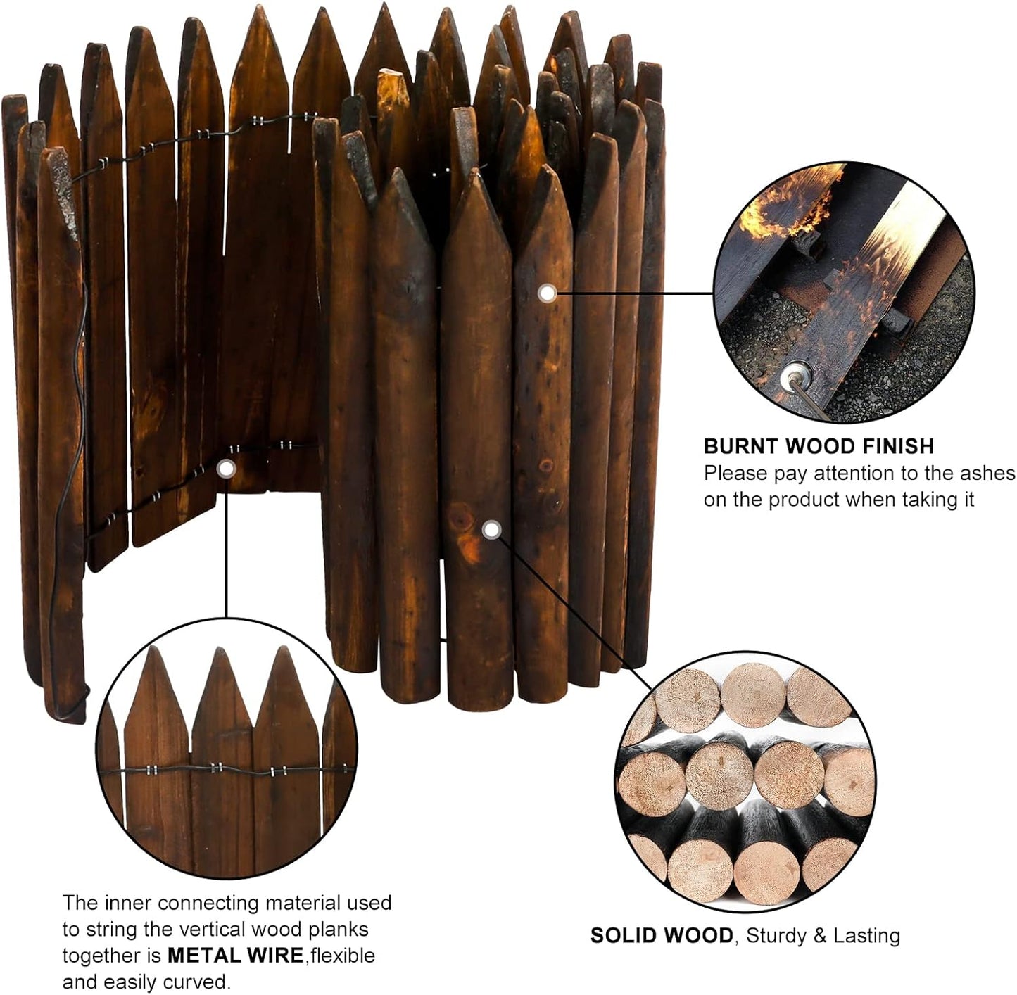 Worth Garden Wooden Short Fence Burnt Wood Finish Outdoor Landscape Edging Flexible Decorative Border - Tree Fence - Spring Garden & Yard Maintenance - 7.9'' H x 42'' L - K619A05