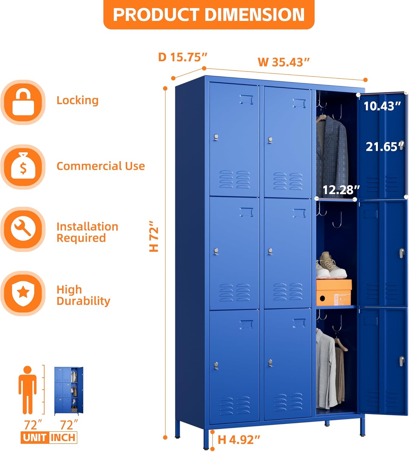 9 Doors Metal Storage Lockers for Employees with 27 Hooks,72" H Employee Lockers with Business Card Holder for Offices School Gyms Home,Assembly Required,Blue