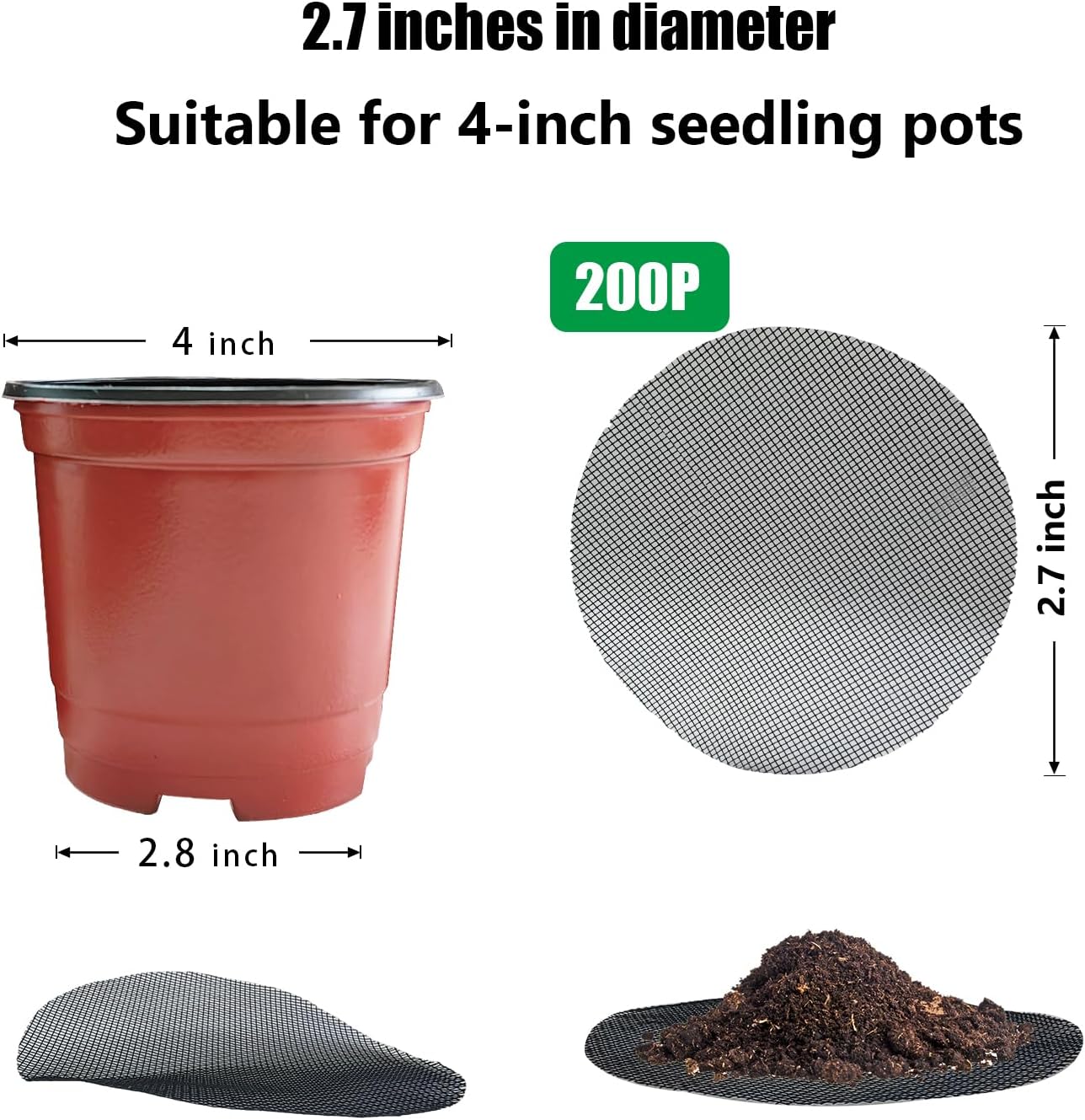 200 Pack 68MM, 2.7 inch Round Mesh Nets for Block Soil Leaking of 4 inch Nursery Pots(or Other Pots Bottom Around 2.7")