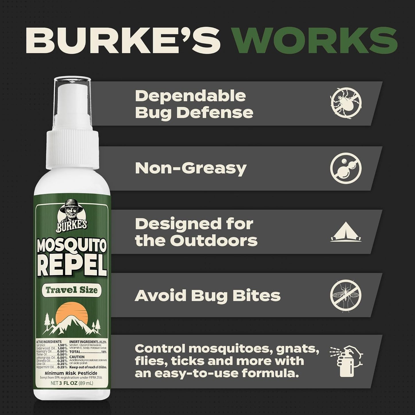 Burke's Natural Mosquito Repellent, DEET Free Mosquito Spray for Outdoor & Travel, 3 oz (90mL)