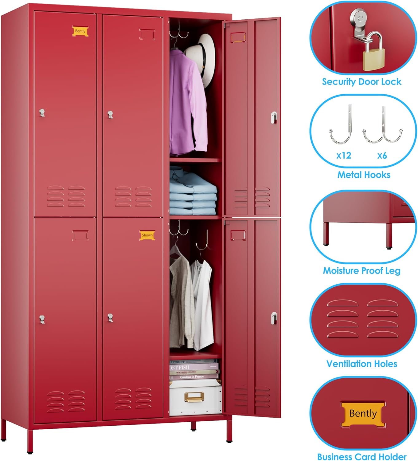 6 Doors Metal Locker Employee with Business Card Holder and 18 Hooks,Metal Locker for Employees with Ventilation Holes for Office Garage Gym Home,Assembly Required,Red