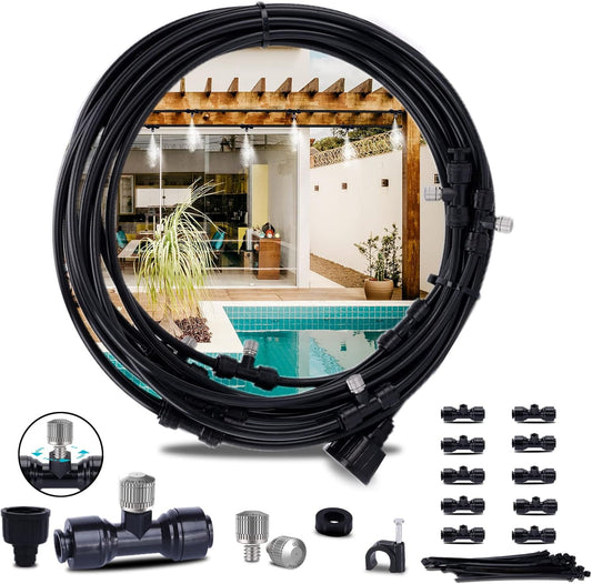 Fogland Misting System: Outdoor Cooling System 32.8FT Misting Cooling System with 10pcs 0.016" Orifice Thread Stainless Steel Mister Nozzle for Patio
