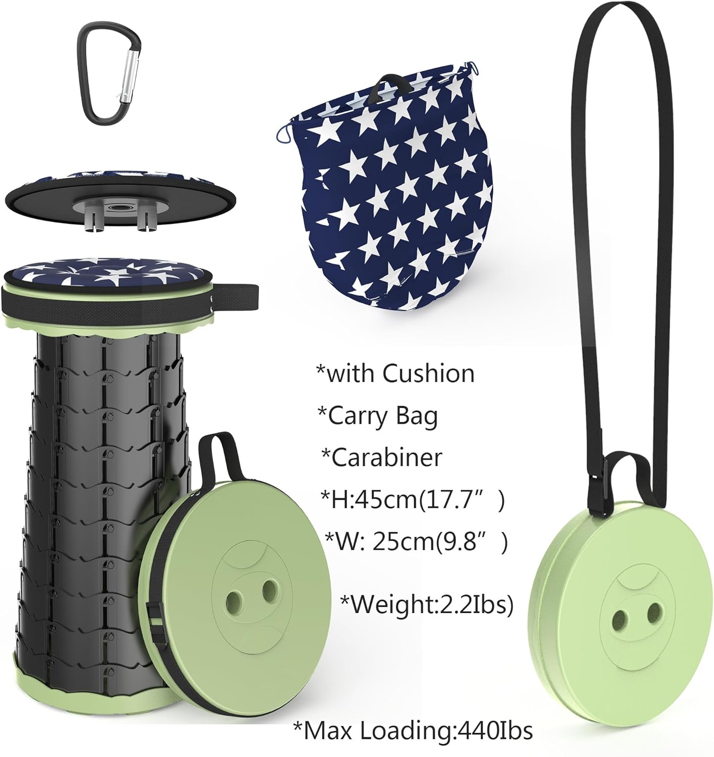 ALEVMOOM Upgraded Folding Stool with Cushion,Portable Collapsible Retractable Stool,Outdoor Chair,Yet More Sturdy Load Capacity 440lbs for Camping Garden Fishing Hiking BBQ with Carry Bag