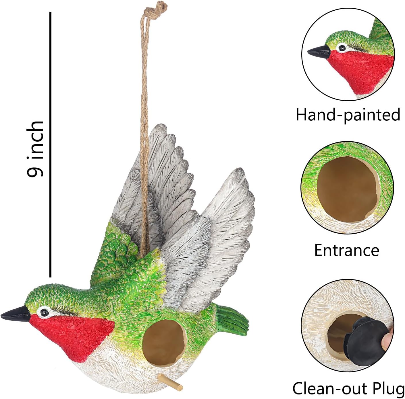 BAYN Bird House for Outside, Hanging Handcrafted Hummingbird Resin Outdoor birdhouses Humming Bird, Bluebird, Wren, Camper Hanging Houses nest cage
