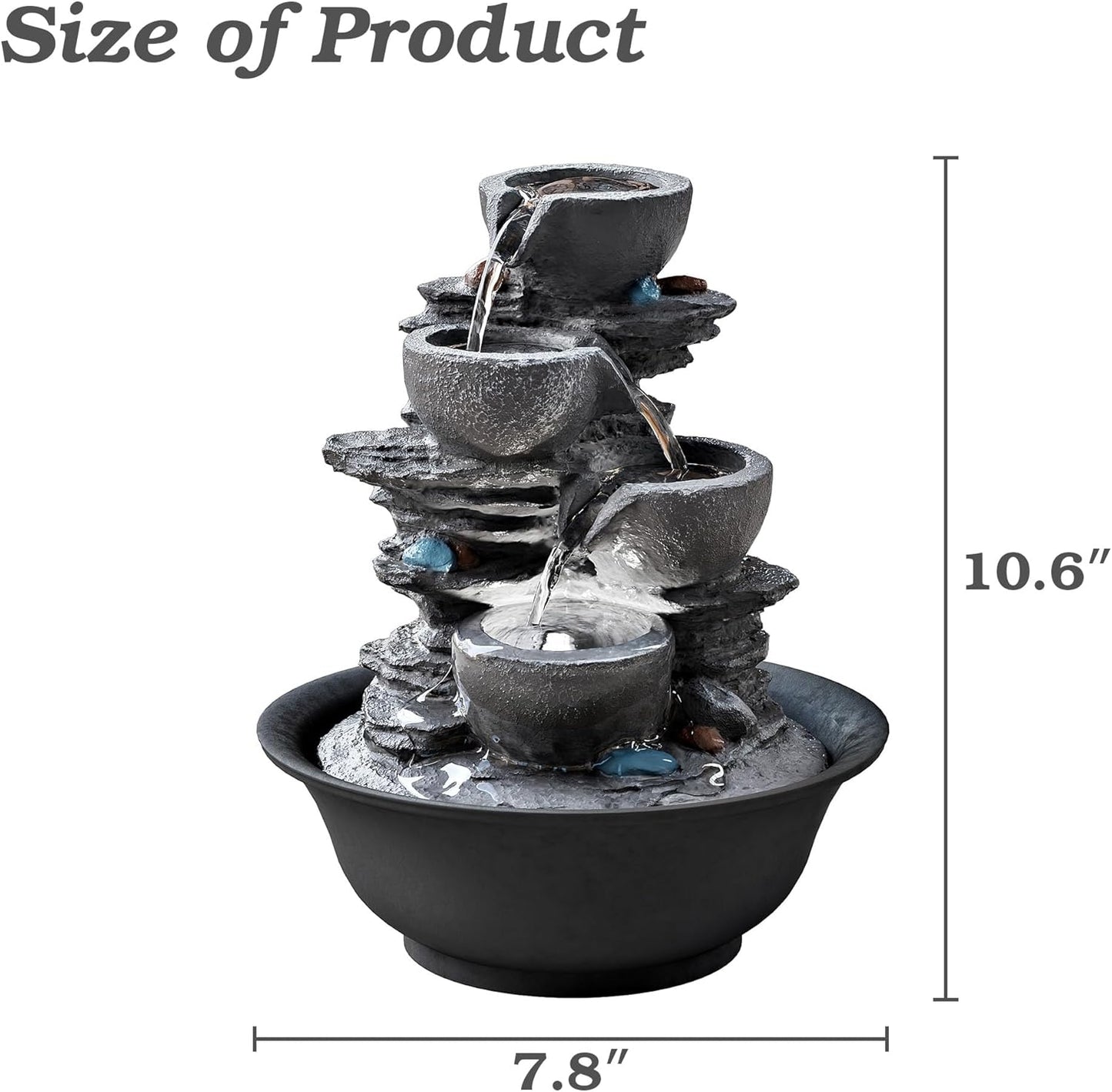 10.6inch Tabletop Fountain, Indoor Waterfall Fountains with LED Light, Realistic Rock Design for Soothing Ambiance in Bedrooms, Living Rooms, Offices, or Meditation Spaces