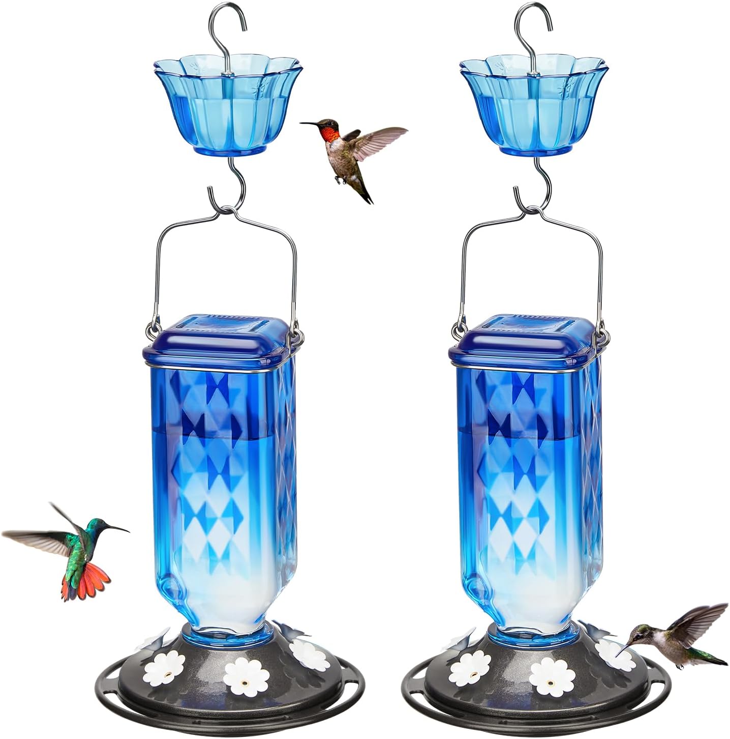 Kingsyard 2 Pack Glass Hummingbird Feeder for Outdoor Hanging, 24 Ounces, 6 Feeding Ports, Bird Nectar Feeder for Garden Décor, Ant Moat Included, Blue