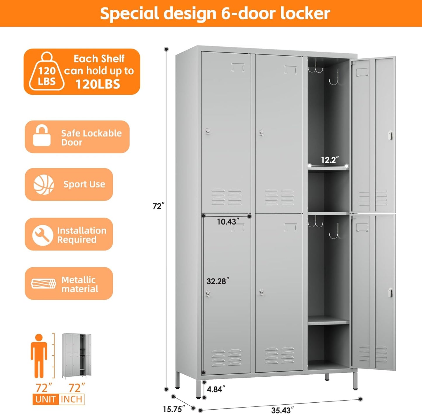 6 Doors Metal Storage Lockers for Employees with 18 Hooks,72" H Employee Lockers with Business Card Holder for Offices School Gyms Home,Assembly Required,Light Gray