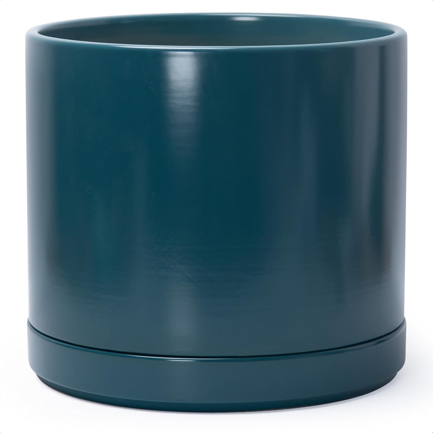 D'vine Dev 14 Inch Ceramic Planter Pot with Drainage Hole and Saucer, Indoor Cylinder Round Planter Pot, Teal, 94-O-G-9