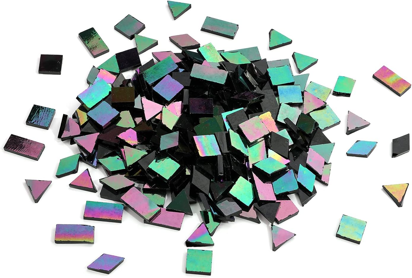 Lanyani Glass Mosaic Tiles for Art Crafts,4 Shapes Mixed Tiffany Stained Glass Pieces,200 Pieces,Square/Rectangle/Diamond/Triangle,Iridescent Black