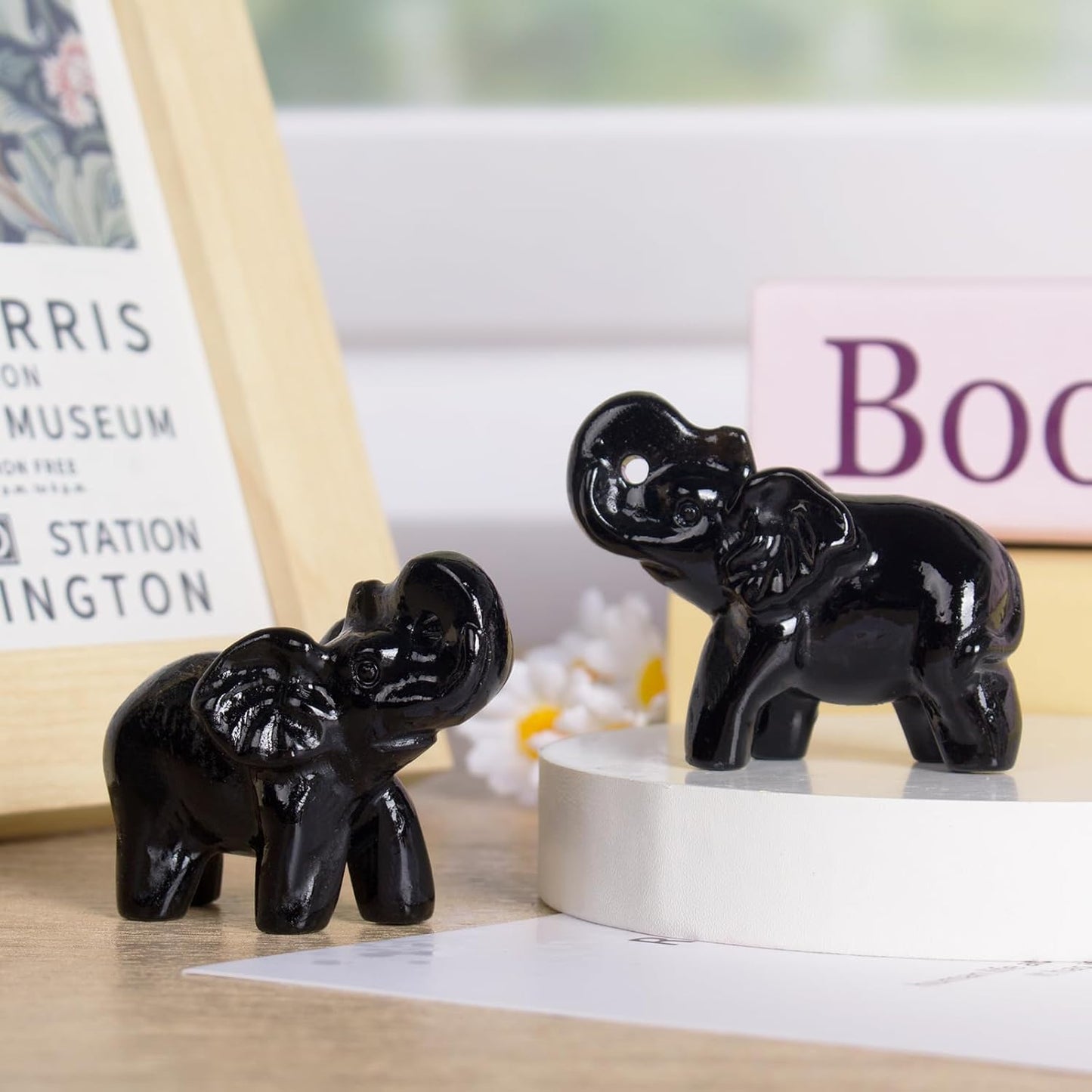 2 Inch Black Obsidian Crystal Elephant Sculpture Handcrafted Healing Stone Animal Figurine Spiritual Home Decor Lucky Charm Gift for Wealth Success Positive Energy and Meditation Lovers