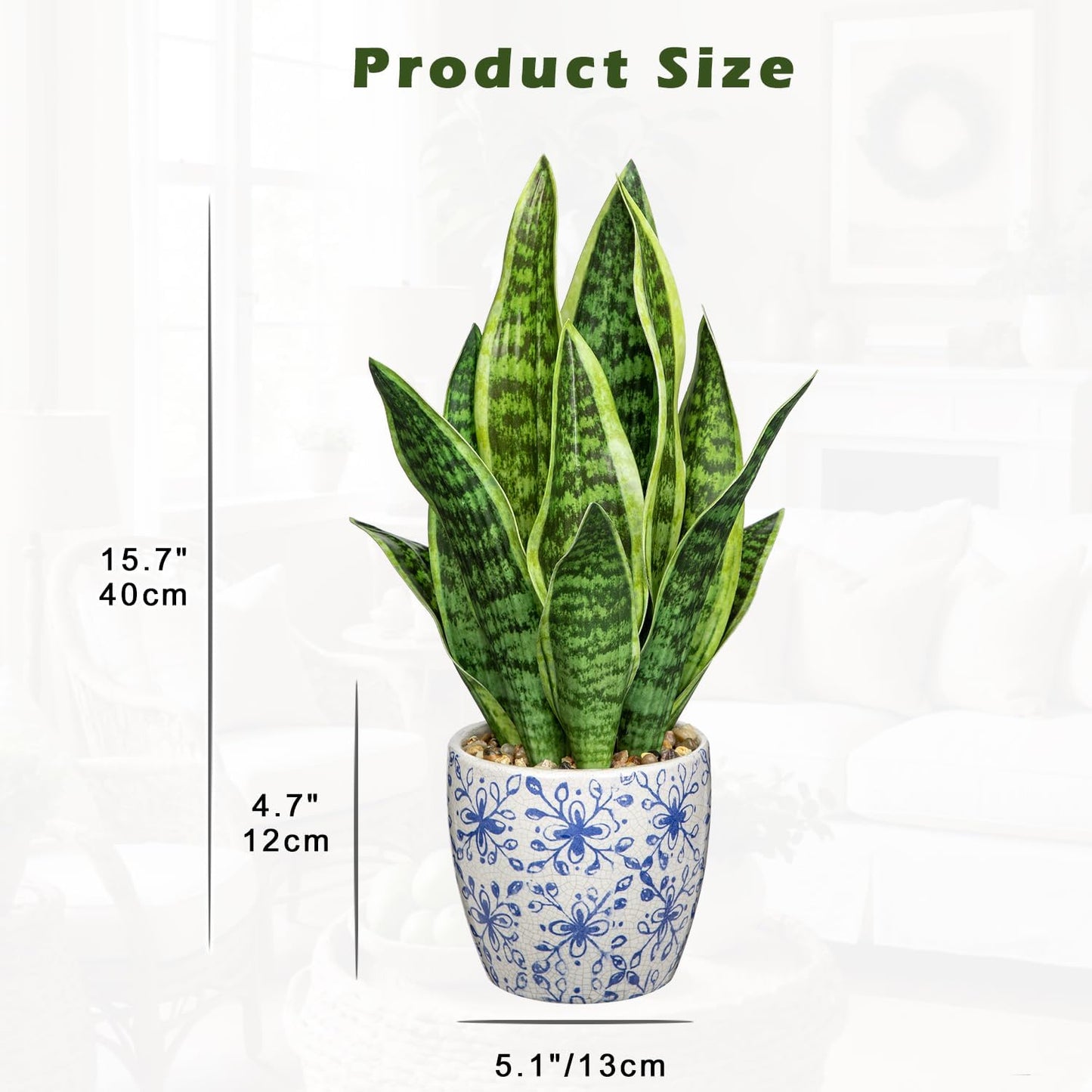 Hollyone Artificial Snake Plant Potted Faux Sansevieria Trifasciata Plants, 15.7" Tropical Fake Plants in Blue and White Porcelain Pots for Home Office Room Indoor Decor Housewarming Gifts