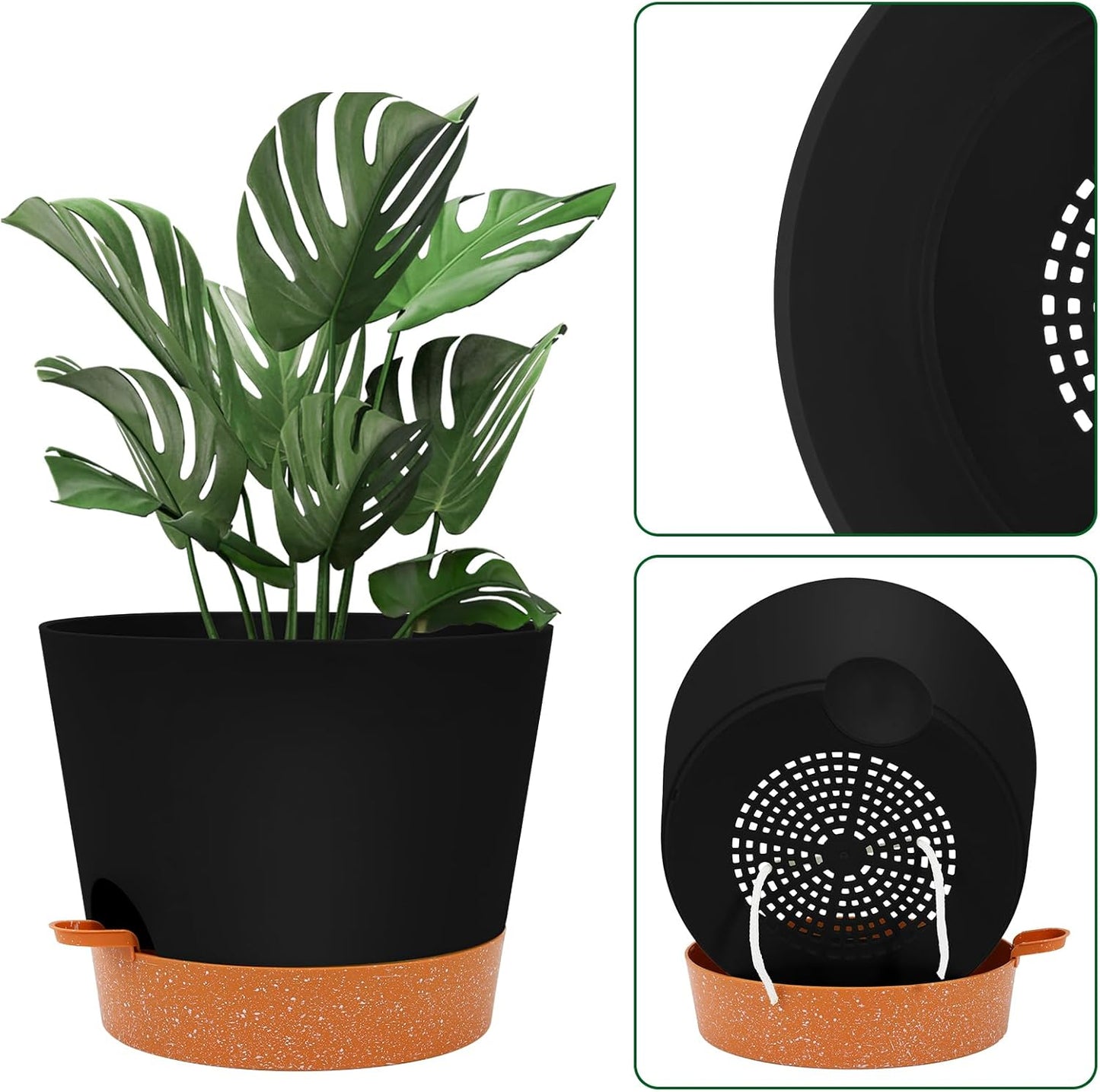 GARDIFE 12 inch Plant Pots, planters,Self Watering Pots, 2 Pack Large Plastic Flower pots with Deep Reservior and High Drainage Holes for Indoor Outdoor Plants and Flowers, Black
