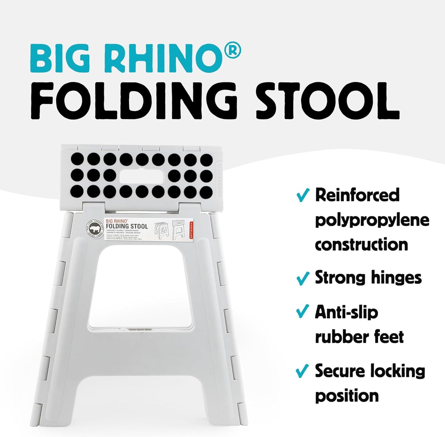 Kikkerland Rhino Foldable Step Stool – Holds Adults up to 300 Lbs, Best for Kitchen & Bathroom – Collapsible, Portable, Lightweight Stepping Stool with Sturdy, Non-Slip Design – White, 15”