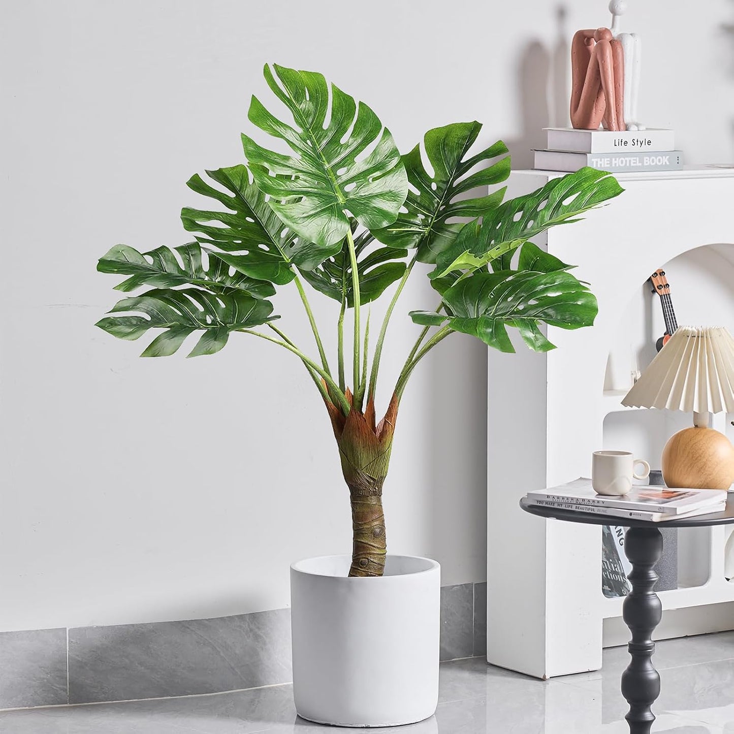 11 Inch Pot for Plants, Large Cement Planter with Drainage Hole, Mid-Century Modern Concrete Flower Pots for Home Decor, Office & Outdoor (White)