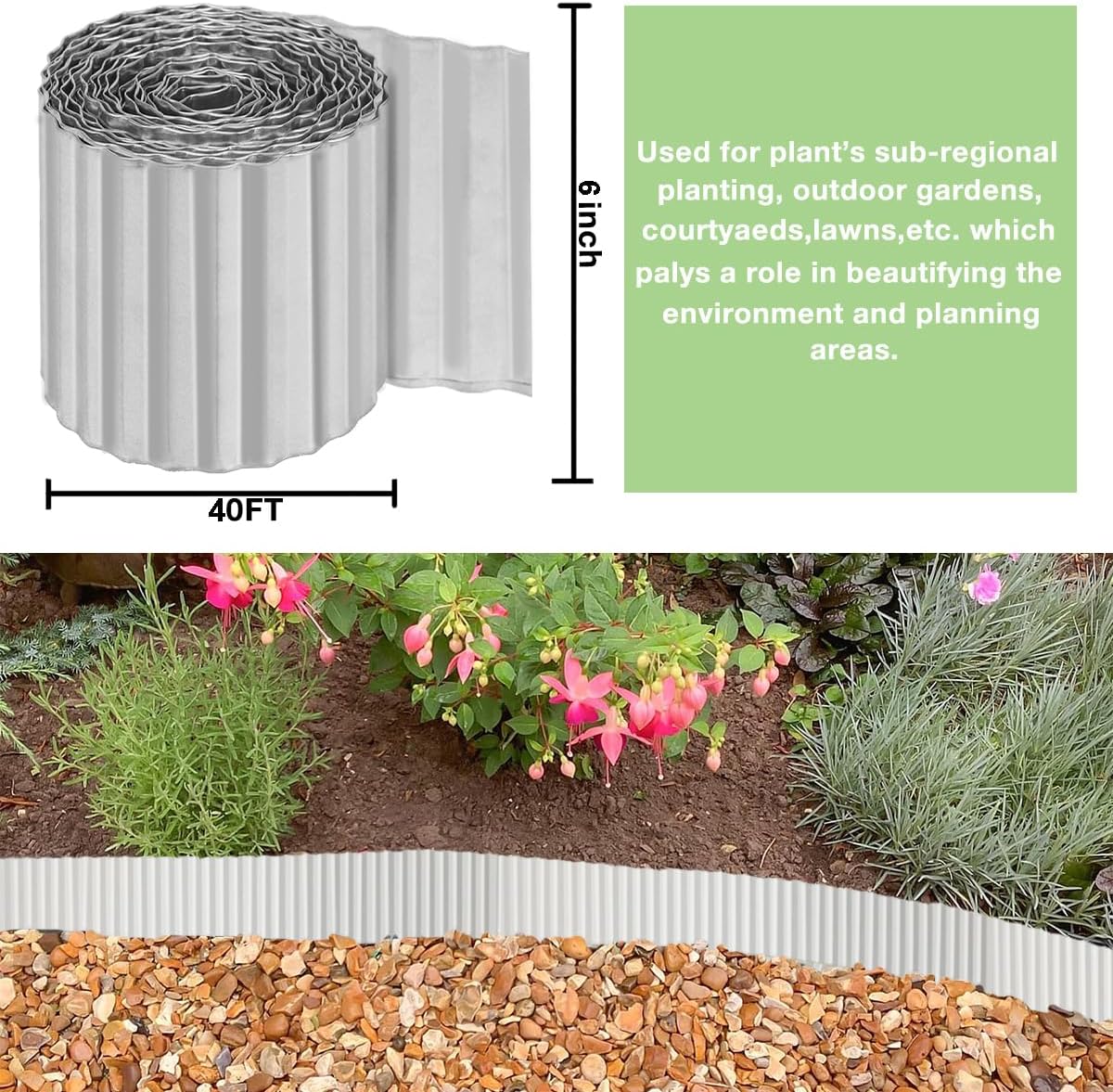 Landscape Edging Border 6inch x 40ft- Corrugated Metal Garden Edging - Lawn Edging Borders - Galvanized Edging Long Strips Yard Border for DIY Flower Beds, Plants, Walkways-Silvery