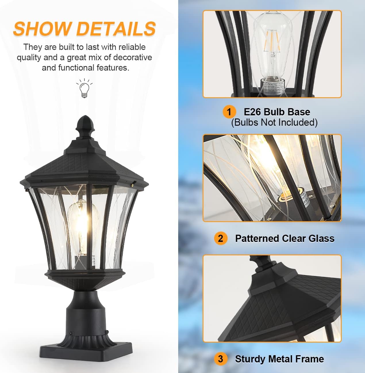 Post Lights Outdoor Post Lantern 20" Exterior Post Coach Light with Pier Mount Base, Weather Resistant Aluminum with Clear Glass Pier Mount Lantern Black Outdoor Pole Lamp for Patio, Porch, Yard