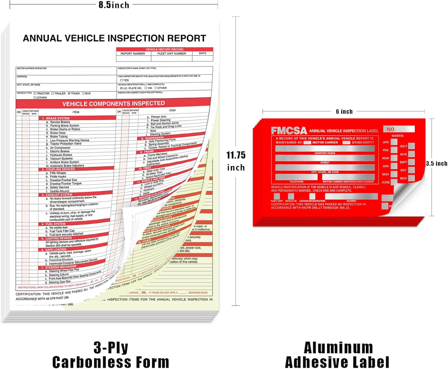Goldenfox DOT Inspection Forms and Stickers,10-Pack,3-Ply Carbonless Annual Vehicle Inspection Report Form(8.5" x 11.75) with Red Exterior Aluminum Inspection Label(6"x3.5"), Permanent Adhesive.