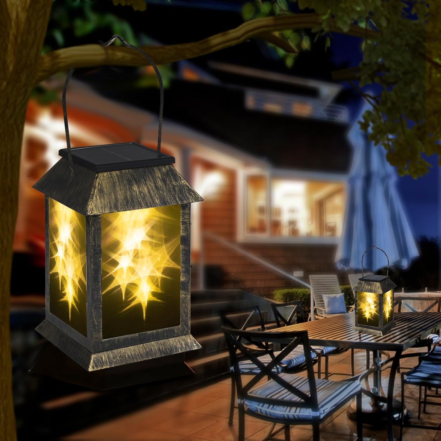 2 Packs Solar-Powered Outdoor Lanterns Vintage Garden Decorative Light Auto Dusk to Dawn Hanging Lantern Warm Glow Courtyard Landscape Lights IP54 Waterproof