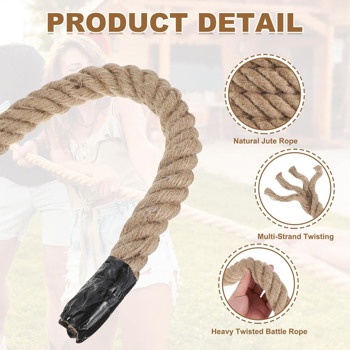 MECCANIXITY Jute Rope 0.6 Inch x 25ft, Thick Twine Rope Ropes Braided Jute Twine Natural Brown Burlap Cord String Heavy Twisted with Tape for Decorative Crafts Railing Swing Tug of War