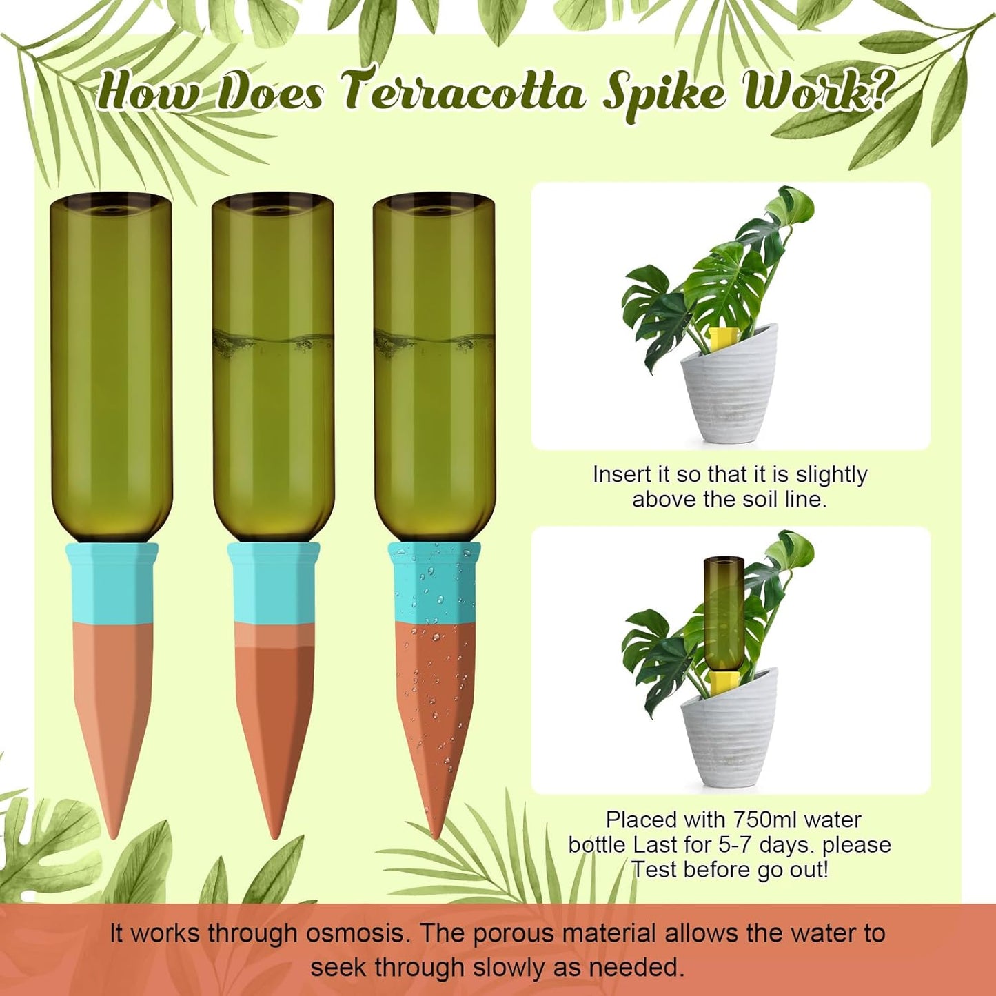 12 Set Plant Watering Devices Include Terracotta Self Watering Spikes and 26 oz Plastic Bottles, Slow Release Vacation Insert Automatic Plant Waterer Device (Green and Mixed Color)