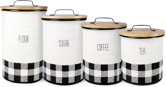 Young's Inc. 4 Pcs Set Plaid with Bamboo Lids Ceramic Canisters- Storage Container for Kitchen and Bathroom - Beautiful Home Decor Accent to Store Food, Coffee, Tea, and More - Black, White