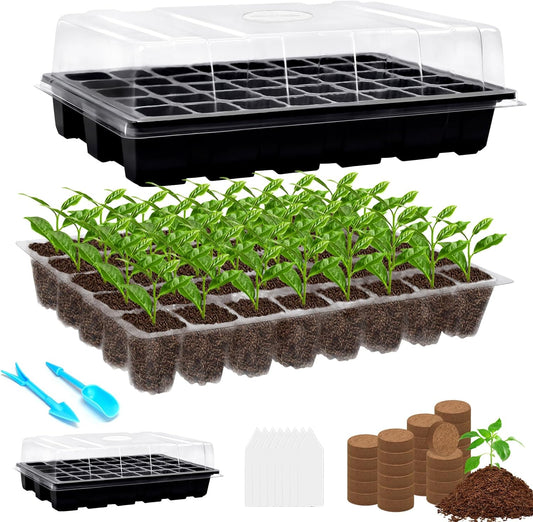 Halatool 2 Pack 80 Cells Seed Starter Trays with 80 PCS Coco Pellets, Black Seedling Starter Kit for Seedlings, Organic Seed Starting Soil Pods for Plant Germination, Planting Vegetables Flowers Seeds
