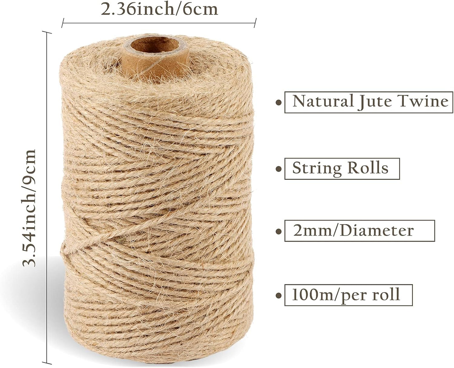Natural Jute Twine Rope (1.5mm/2mm/3mm/6mm) Durable String for Handmde Crafts,Gardening Applications,Home Gardening,Cat Scratching Post,Gift Packaging... (2mm*328ft)