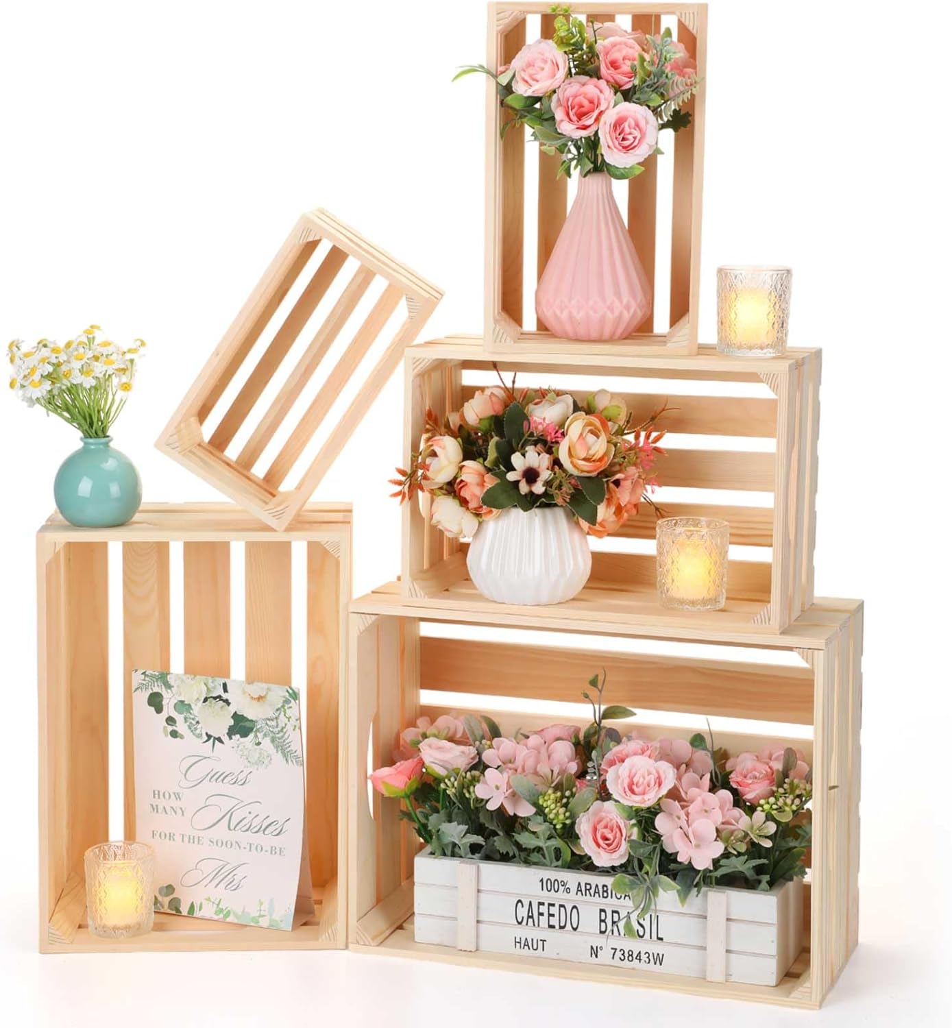 Soaoo 5 Pcs Decorative Nesting Wooden Crates for Storage Display 5 Size Large Small Rustic Wood Decorative Storage Crates with Handle Farmhouse Crate Box Container Made from Pine(Natural Color)