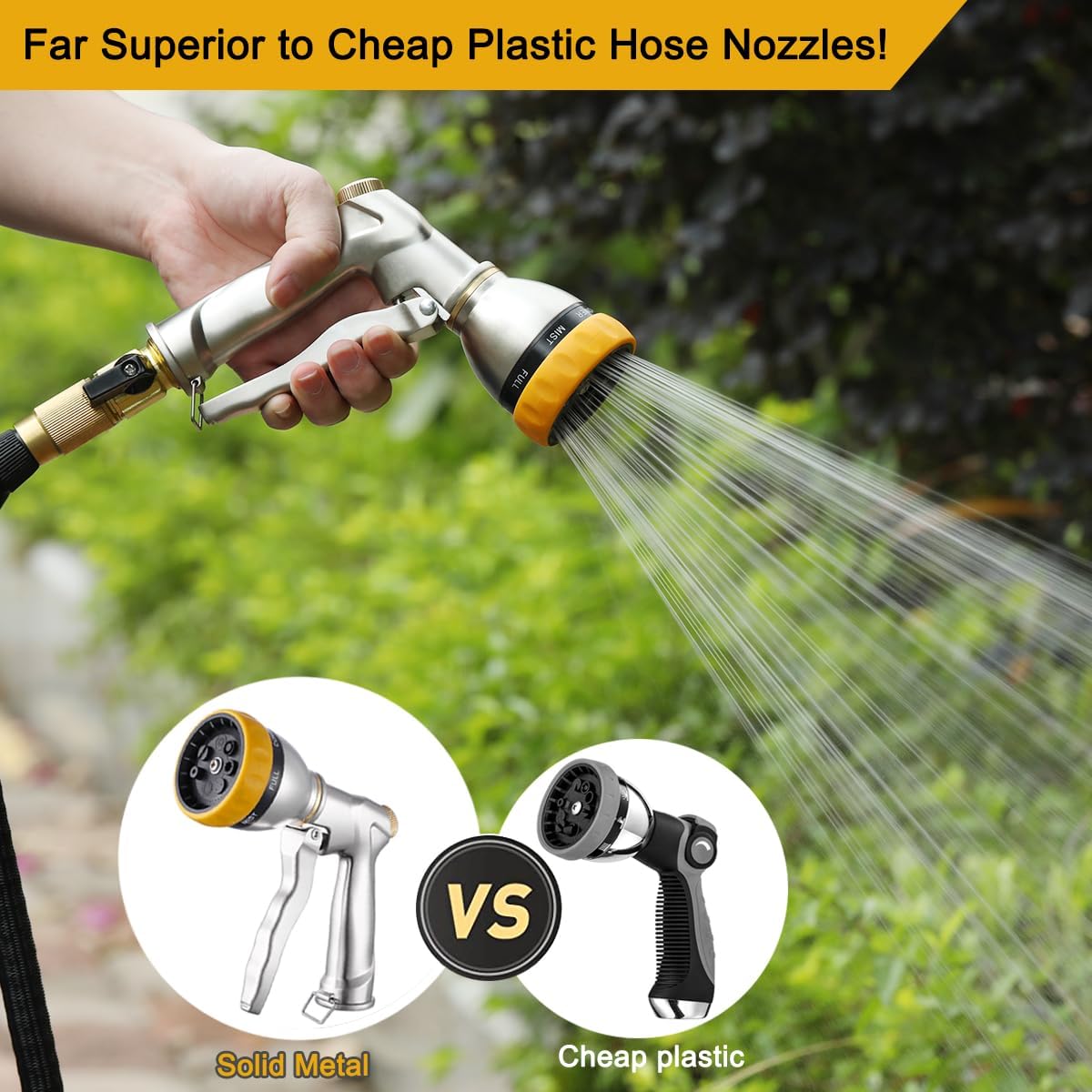 FANHAO Garden Hose Nozzle Heavy Duty, 100% Metal Spray Nozzle High Pressure Water Hose Nozzle with 7 Patterns for Watering Garden, Washing Cars and Showering Pets