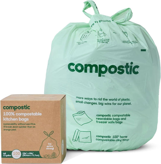 Home Compostable Trash Bags, 13 Gallon Tall Kitchen Rubbish Bags (23” x 29”), Extra Strong & Quickly Breaks Down, 100 Count