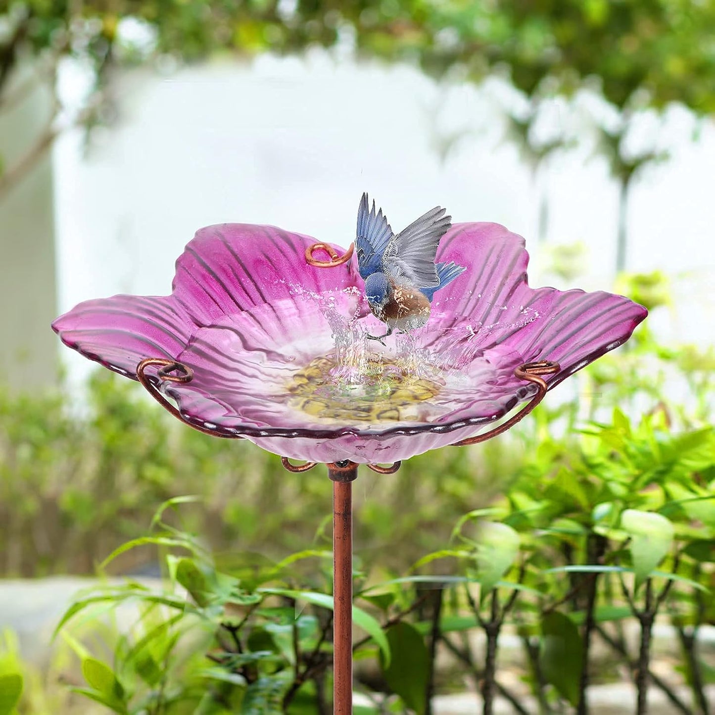 Outdoor Bird Bath Glass Birdbath Garden Birdfeeder with Metal Stake Pink(Height:26inch)