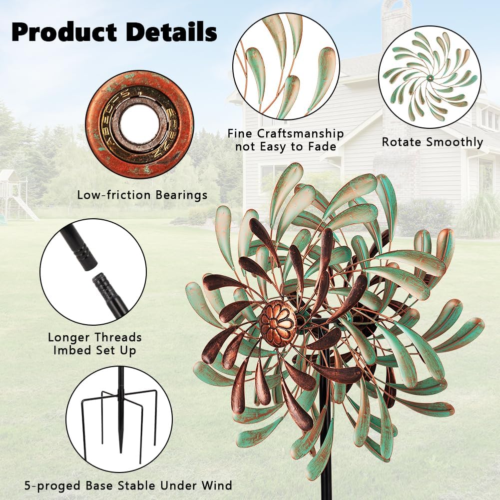 20” Wind Spinners Outdoor,Large Wind Spinner Waterproof,Metal Wind Spinners Double Kinetic Windmill for Yard,Vintage Wind Sculptures & Spinners with 5 Stakes,Pinwheels for Yard and Garden