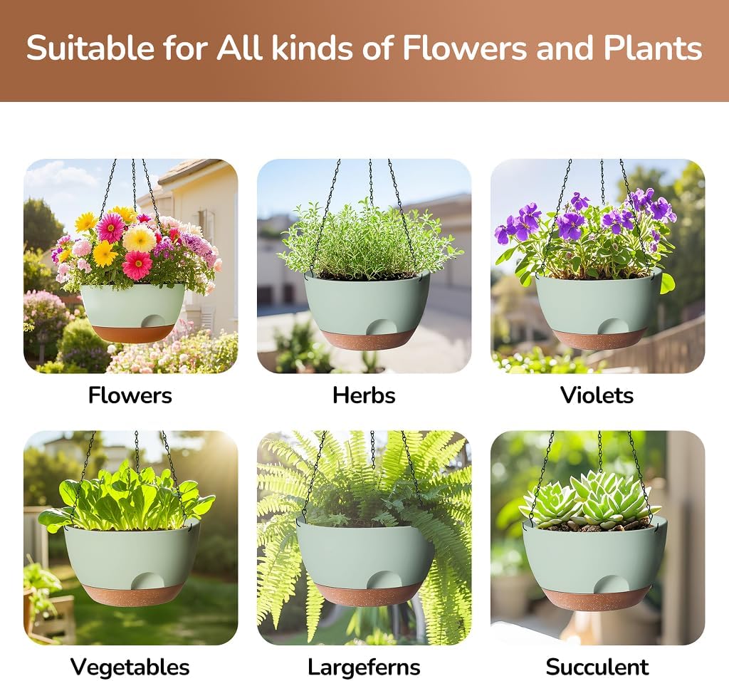 Hanging Planter for Indoor Plants, 10 Inch Self-Watering Hanging Planters with Drainage Holes and Chain, Set of 2 Outdoor Hanging Pots for Garden Home
