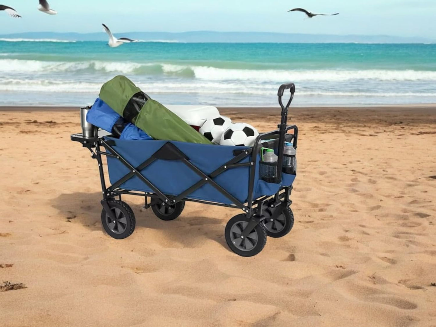 Heavy Duty Steel Frame Collapsible Folding Wagon with Table,150 Pound Capacity Outdoor Camping Garden Utility Wagon Yard Cart (Blue, 1PACK)