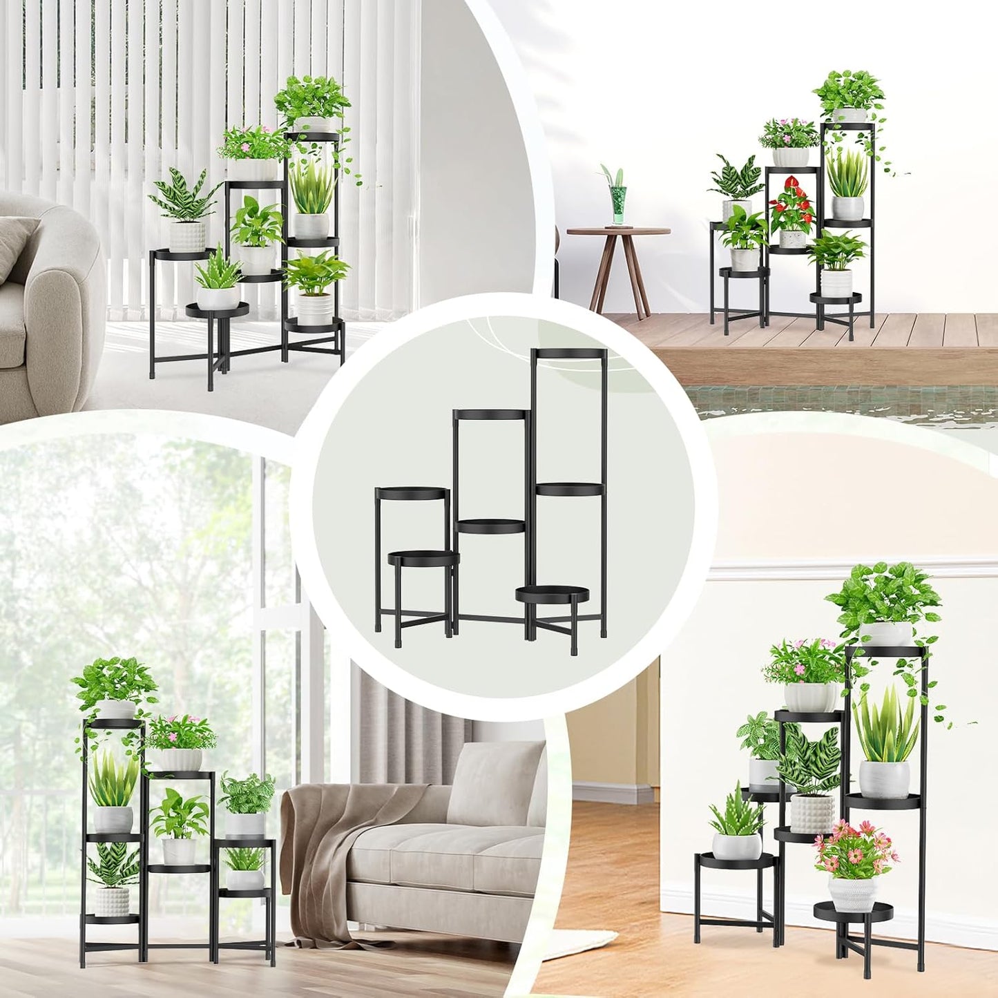 iDavosic.ly Plant Stand Indoor Outdoor, 7 Tier Corner Metal Flower Display Holder Shelf, Folding Tall Orchid Rack for Patio Balcony Porch Garden Living Room House, Black