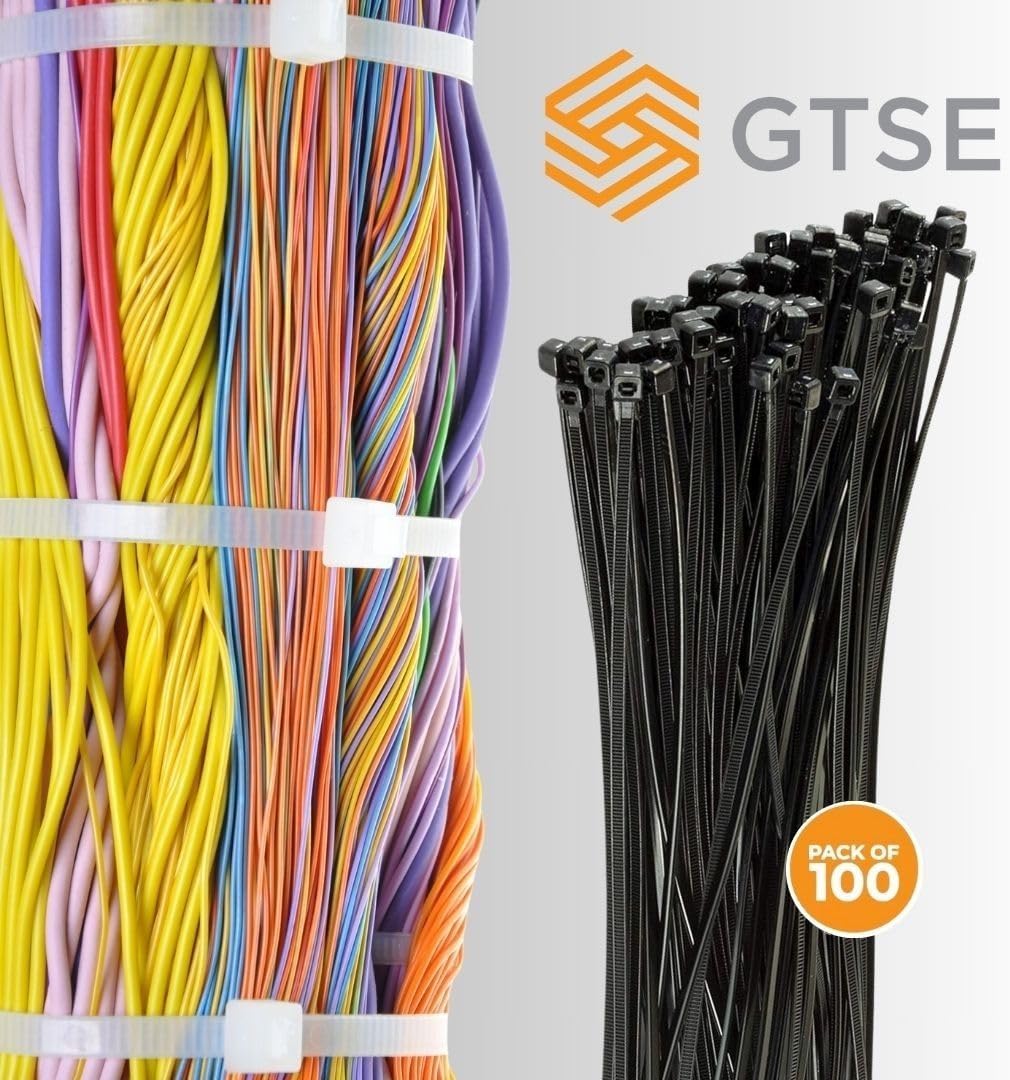 GTSE 8 Inch Black Zip Ties, 100 Pack, 40lb Strength, UV Resistant Strong Nylon Cable Ties, Self-Locking 8" Tie Wraps