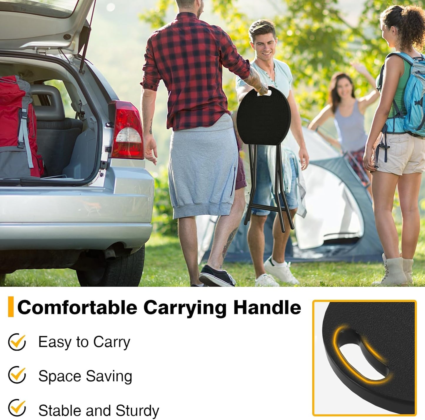 TAVR Furniture Portable Folding Chair with Handle, Heavy Duty Round Fold Stool Chair with 500lbs Capacity for Adults, 18 Inch Foldable Stool for Dorm, Kitchen, Vanity, Church and Outdoor use