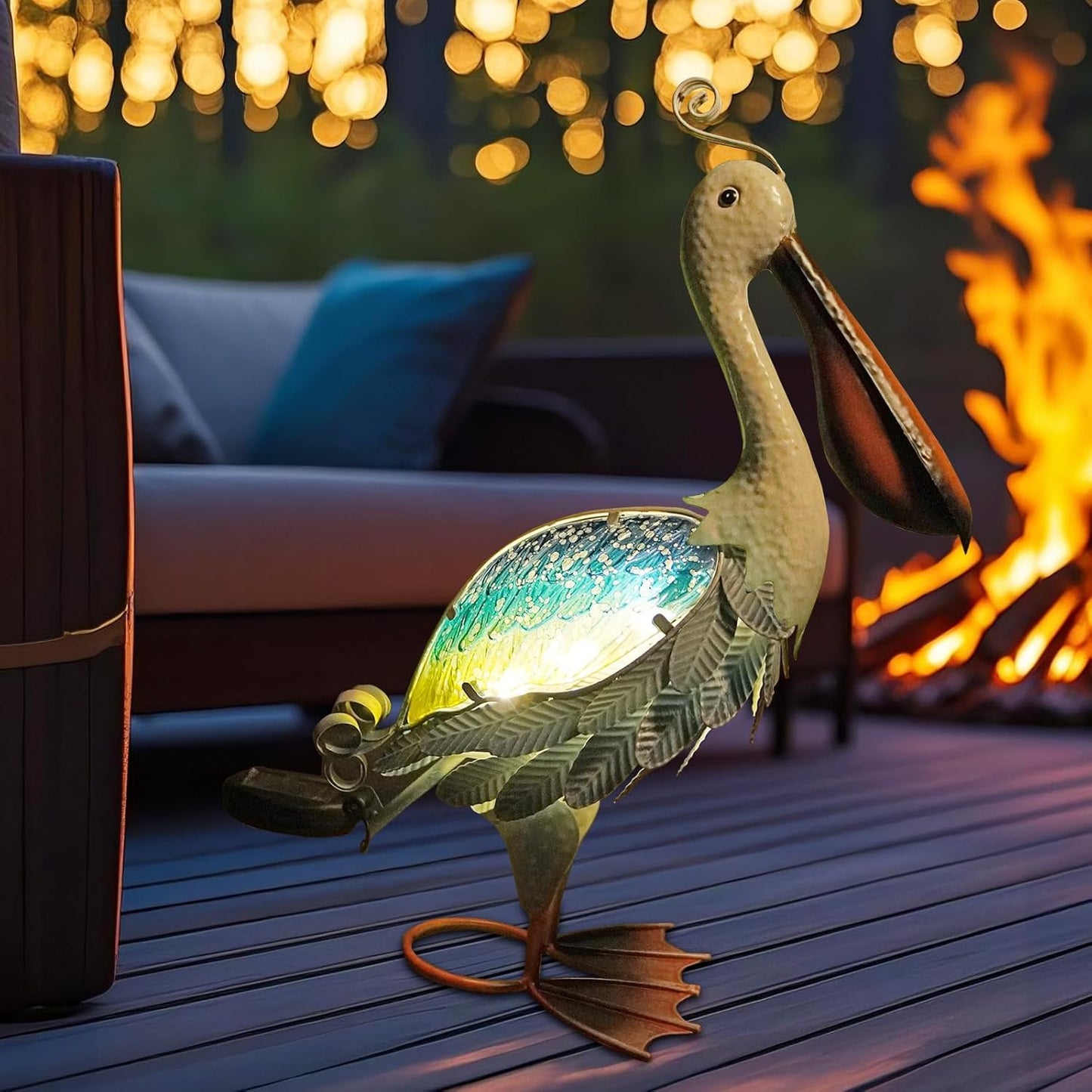 HONGLAND Solar Metal Pelican Statues Garden Sculpture & Statues, 19 Inch Glass Outdoor Pelican Yard Art Coastal Ocean Bird Decor Lawn Ornament for Backyard Porch Patio Decor（Blue-Green）