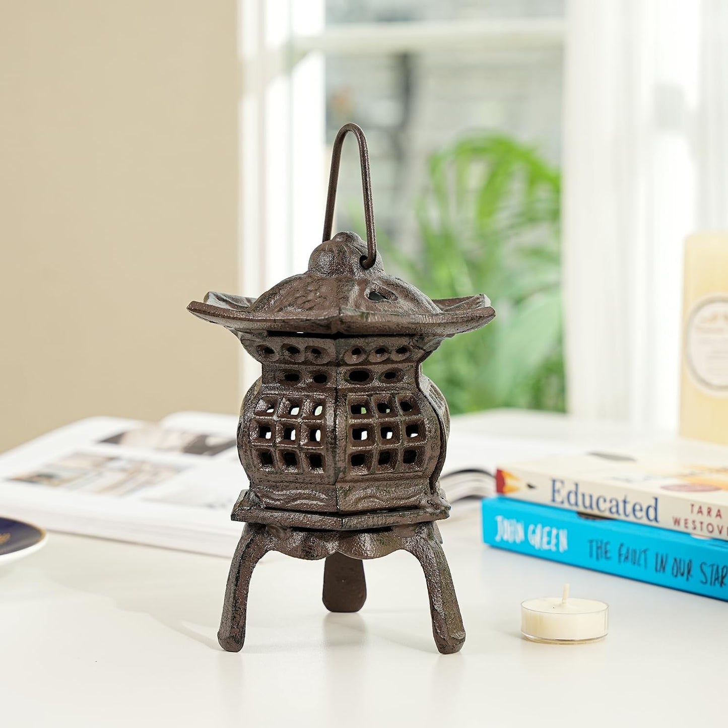 Sungmor Cast Iron Candle Holder, Decorative Garden Hanging Lantern, Vintage Tabletop Tealight Candle Holder, Home Porch Patio Decor, Candle Stand for Votive Candle, Flameless Candle