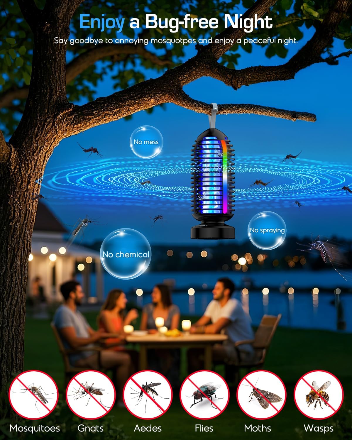 Bug Zapper Outdoor with Marquee Light, Cordless Mosquito Zapper, 4000mAh Rechargeable Electric Bug Zapper Indoor, Auto On/Off Waterproof Mosquito Trap Fly Zapper for Patio Backyard Kitchen Camping