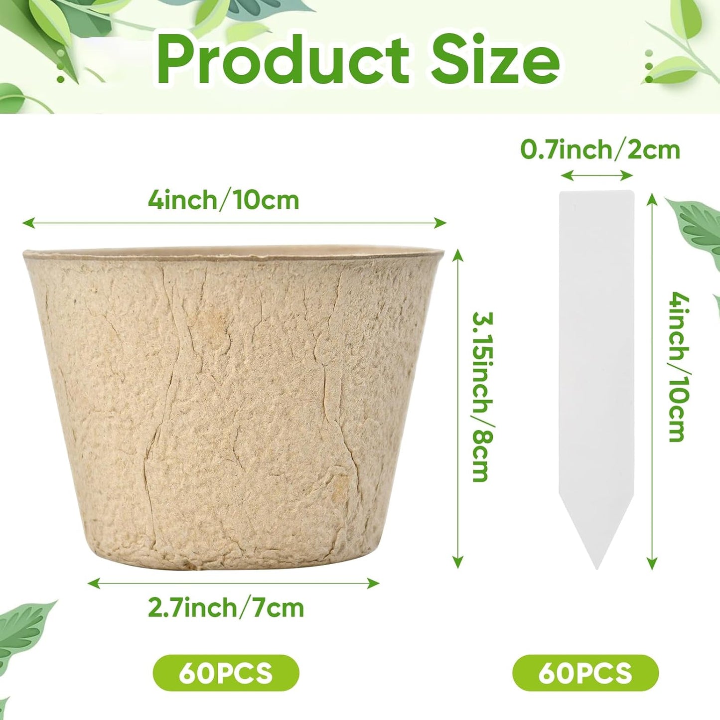 4” Peat Pots with 60Pcs Plant Labels, Biodegradable Pots for Seedlings with Drainage Holes, Garden Plant Nursery Pots Seed Starting Trays