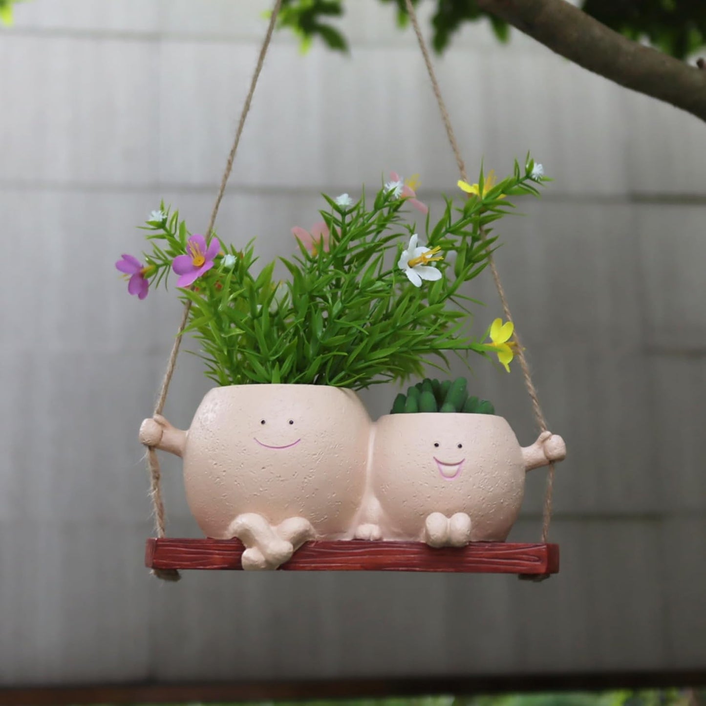 Hanging Planter Swinging Face Planters, Unique Head Flower Pots for Indoor Outdoor Plants, Cute Face Vase Funny Fence Wall Planter Succulent Pots